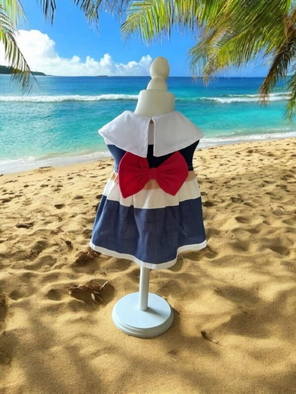 Vestido de Lino con rayas colores moño azul